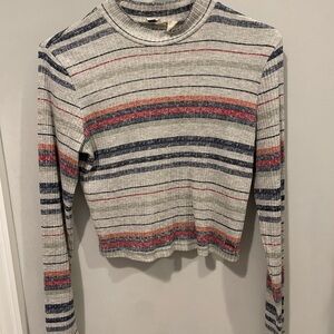 Roxy Cream Long-Sleeve Ribbed Top with Navy & Coral Stripes
